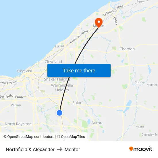 Northfield & Alexander to Mentor map
