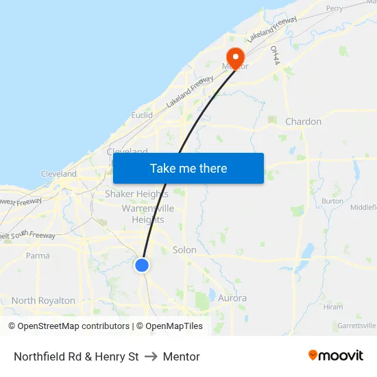 Northfield Rd & Henry St to Mentor map
