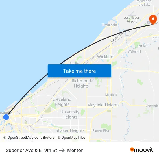 Superior Ave & E. 9th St to Mentor map