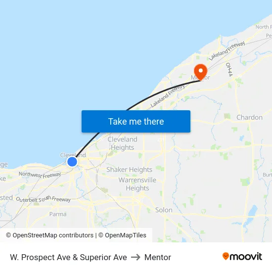 W. Prospect Ave  & Superior Ave to Mentor map