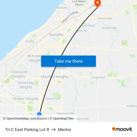 Tri-C East Parking Lot R to Mentor map
