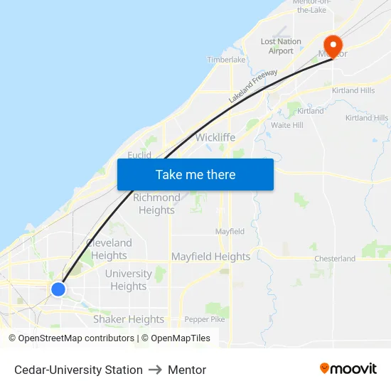 Cedar-University Station to Mentor map