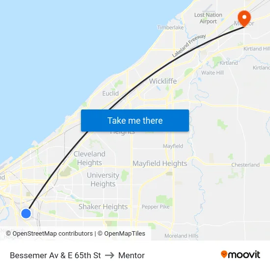 Bessemer Av & E 65th St to Mentor map