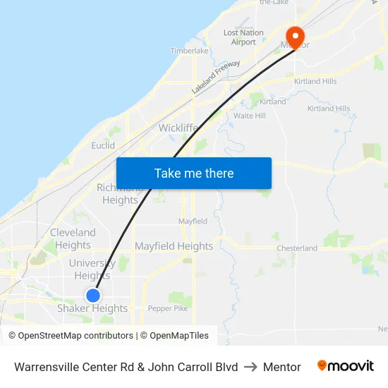 Warrensville Center Rd & John Carroll Blvd to Mentor map