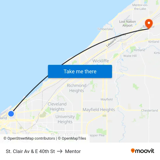 St. Clair Av & E 40th St to Mentor map