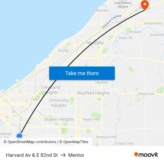 Harvard Av & E 82nd St to Mentor map