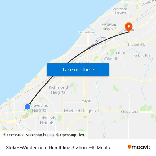 Stokes-Windermere Healthline Station to Mentor map