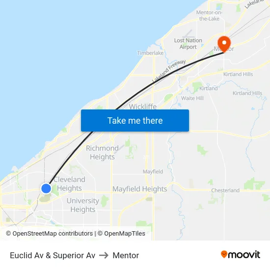 Euclid Av & Superior Av to Mentor map