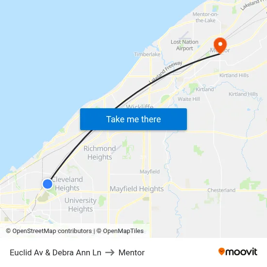 Euclid Av & Debra Ann Ln to Mentor map