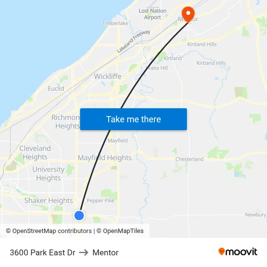 3600 Park East Dr to Mentor map