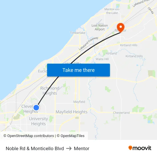 Noble Rd & Monticello Blvd to Mentor map