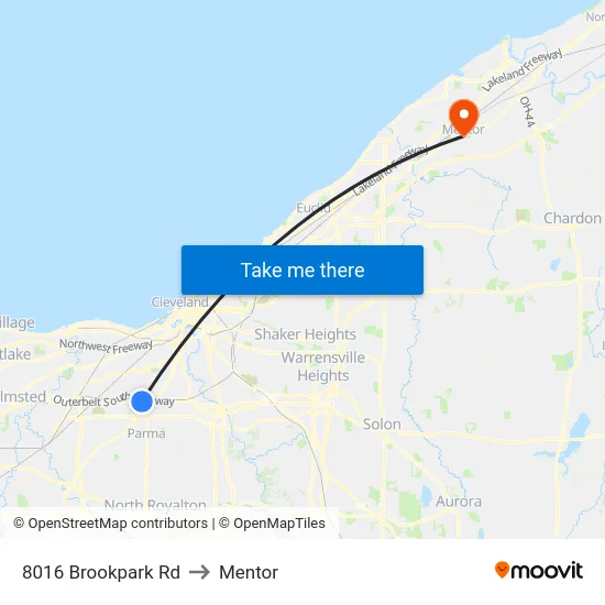 8016 Brookpark Rd to Mentor map