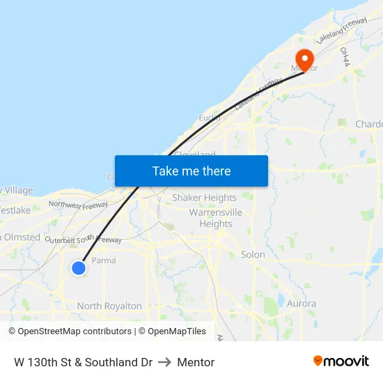 W 130th St & Southland Dr to Mentor map