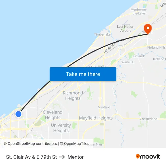 St. Clair Av & E 79th St to Mentor map