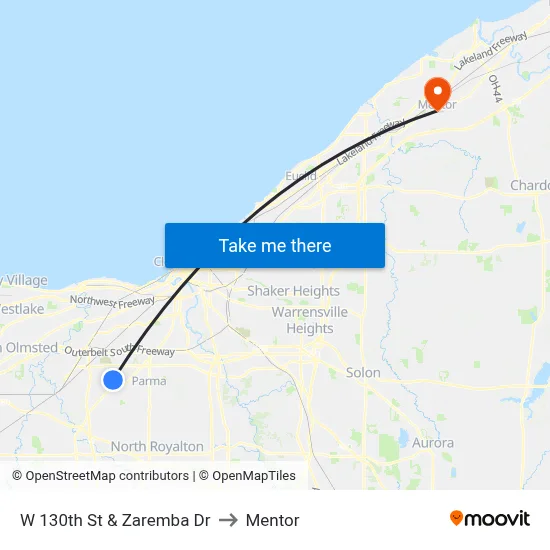 W 130th St & Zaremba Dr to Mentor map