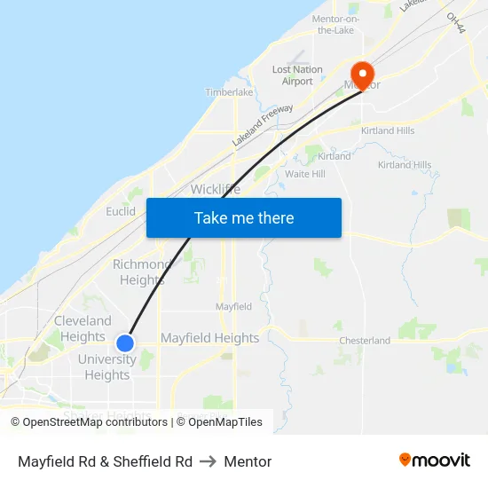Mayfield Rd & Sheffield Rd to Mentor map