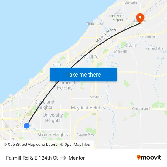 Fairhill Rd & E 124th St to Mentor map