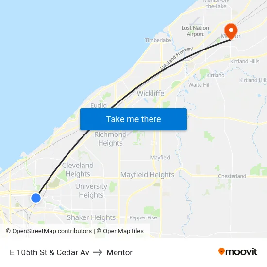 E 105th St & Cedar Av to Mentor map
