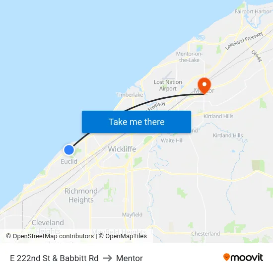 E 222nd St & Babbitt Rd to Mentor map