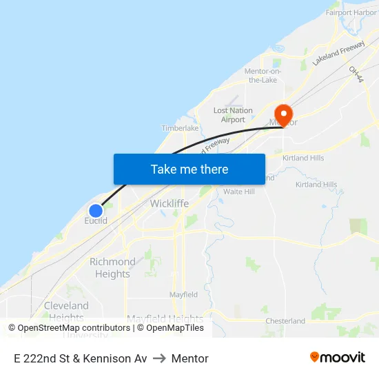 E 222nd St & Kennison Av to Mentor map