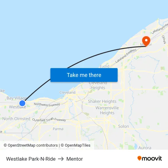 Westlake Park-N-Ride to Mentor map