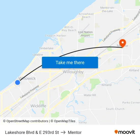 Lakeshore Blvd & E 293rd St to Mentor map