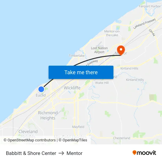 Babbitt & Shore Center to Mentor map