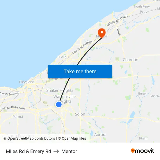 Miles Rd & Emery Rd to Mentor map