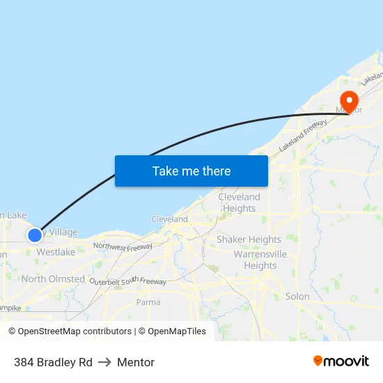 384 Bradley Rd to Mentor map