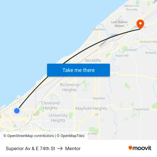 Superior Av & E 74th St to Mentor map
