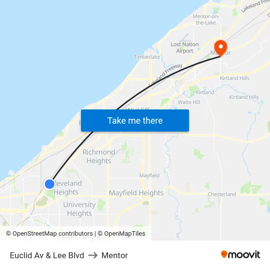 Euclid Av & Lee Blvd to Mentor map