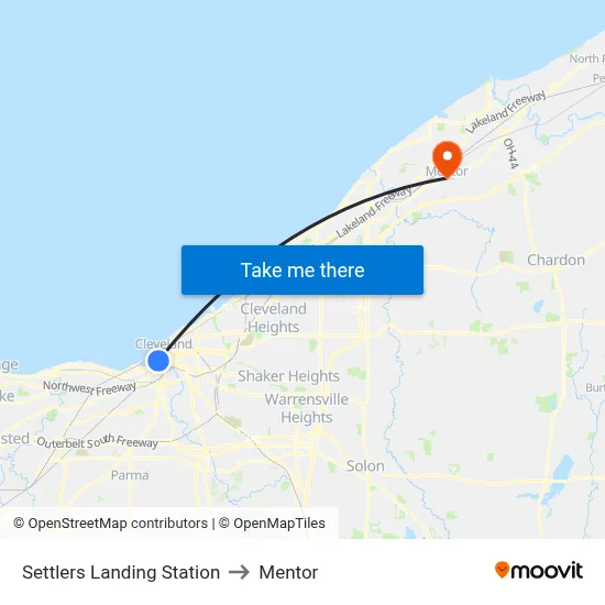 Settlers Landing Station to Mentor map