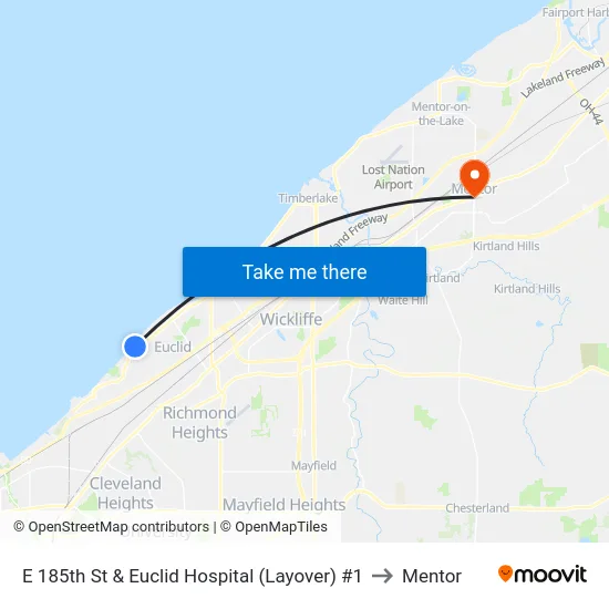 E 185th St & Euclid Hospital (Layover) #1 to Mentor map