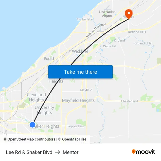 Lee Rd & Shaker Blvd to Mentor map