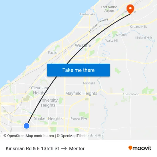 Kinsman Rd & E 135th St to Mentor map
