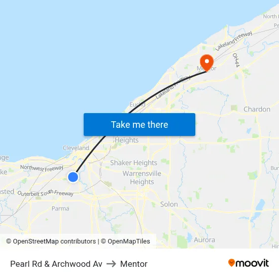 Pearl Rd & Archwood Av to Mentor map