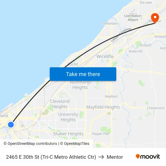 2465 E 30th St (Tri-C Metro Athletic Ctr) to Mentor map