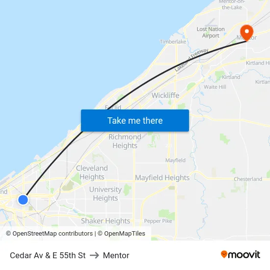 Cedar Av & E 55th St to Mentor map