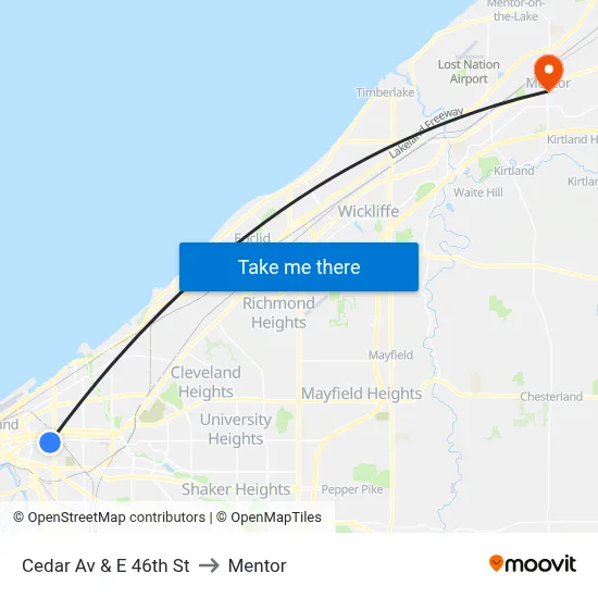 Cedar Av & E 46th St to Mentor map