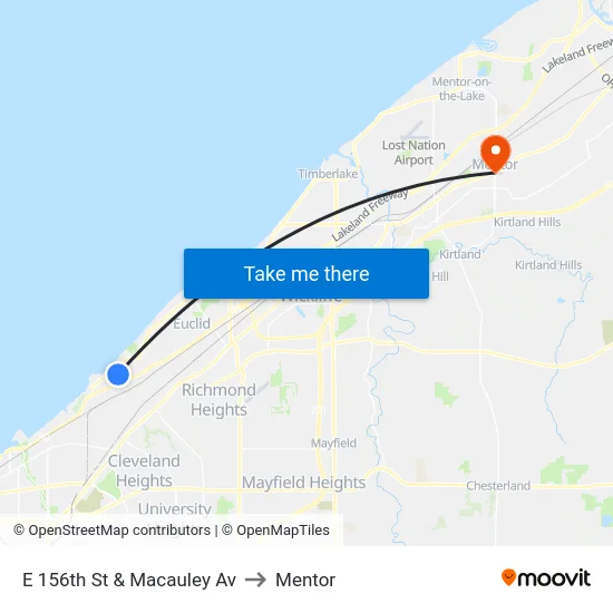 E 156th St & Macauley Av to Mentor map