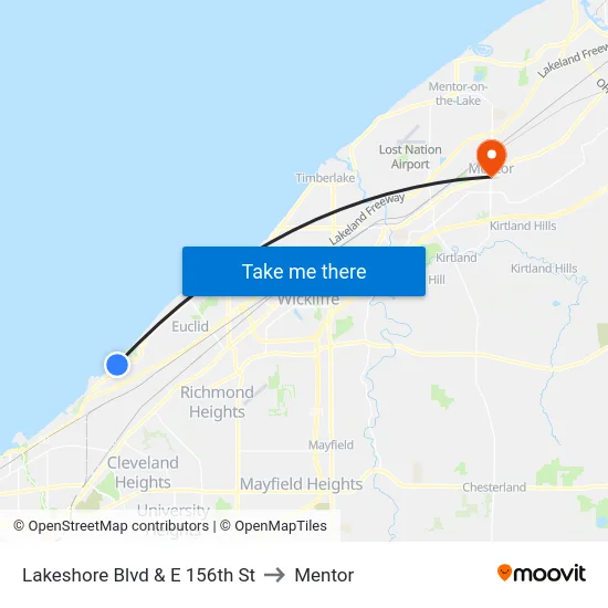 Lakeshore Blvd & E 156th St to Mentor map