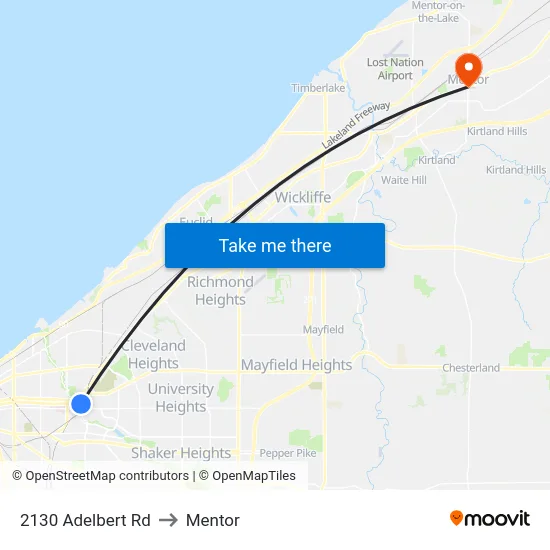 2130 Adelbert Rd to Mentor map