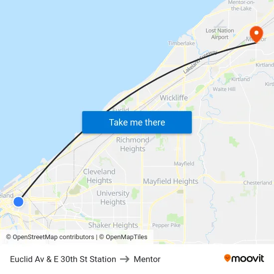 Euclid Av & E 30th St Station to Mentor map