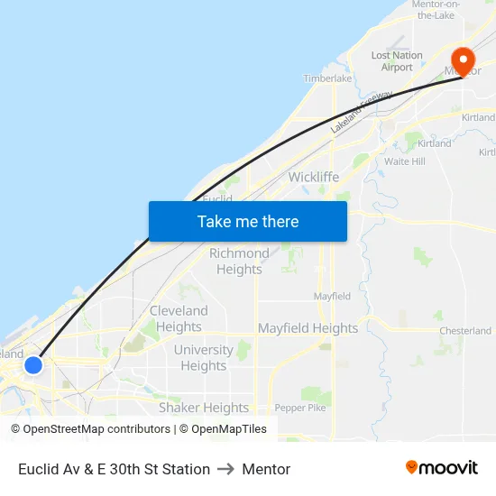 Euclid Av & E 30th St Station to Mentor map