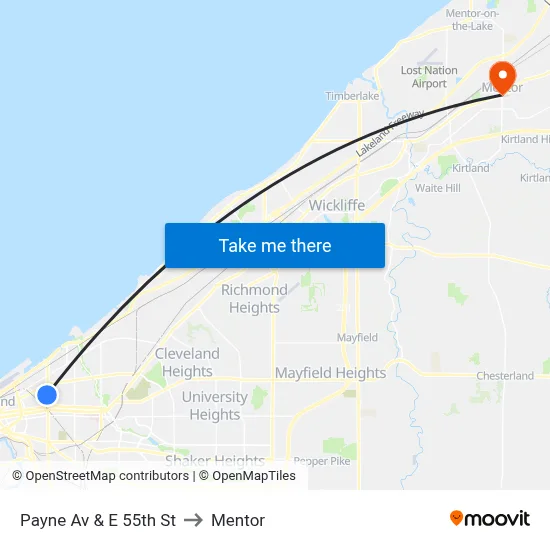 Payne Av & E 55th St to Mentor map