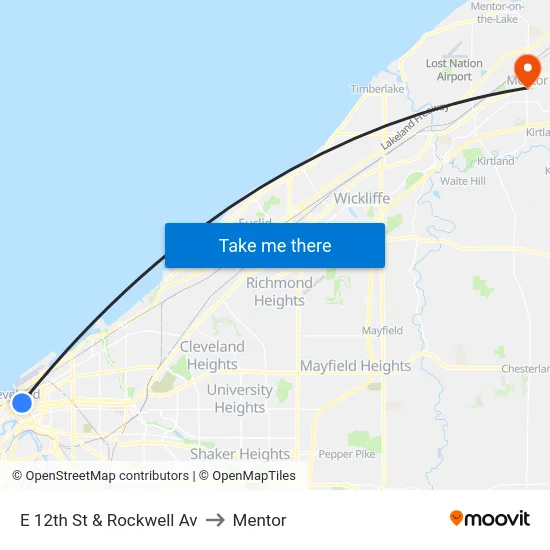 E 12th St & Rockwell Av to Mentor map