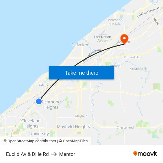 Euclid Av & Dille Rd to Mentor map