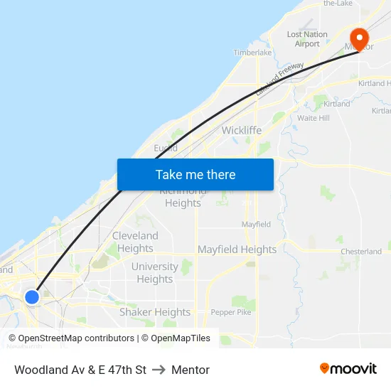 Woodland Av & E 47th St to Mentor map