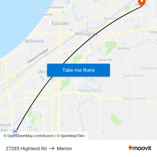 27285 Highland Rd to Mentor map