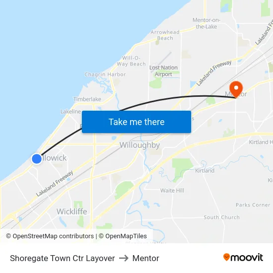 Shoregate Town Ctr Layover to Mentor map